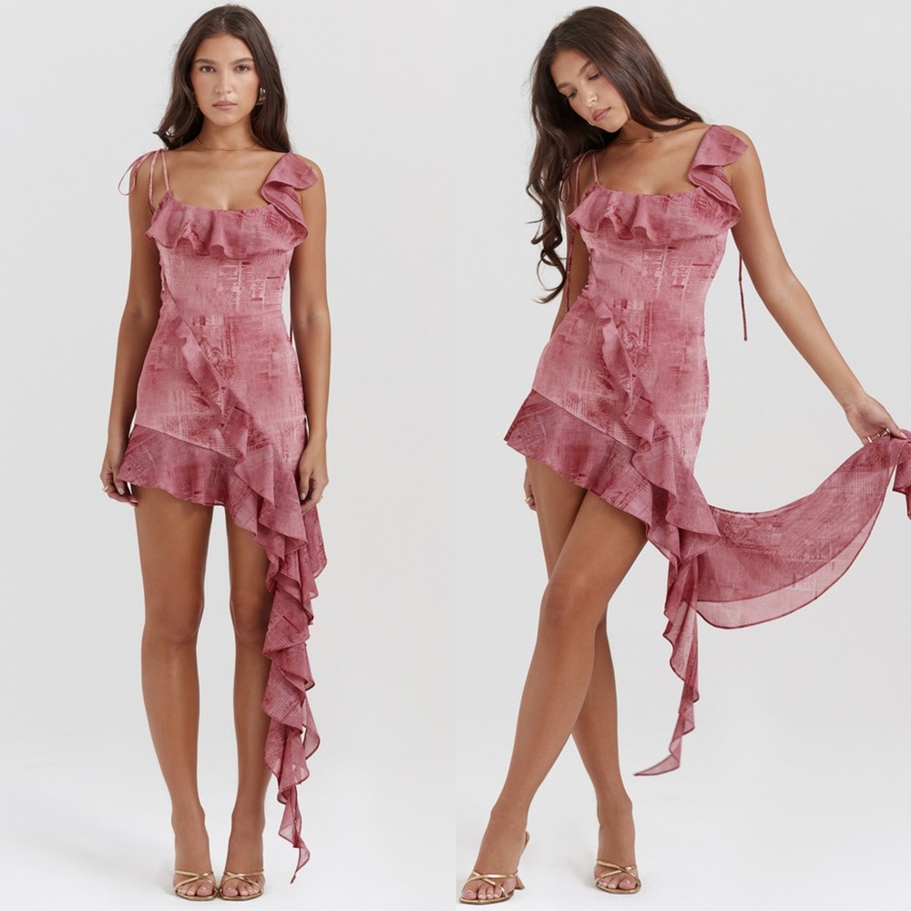 HOUSE OF CB 'Lyrah' Pink Print Ruffle Mini Dress - Picture 2 of 11